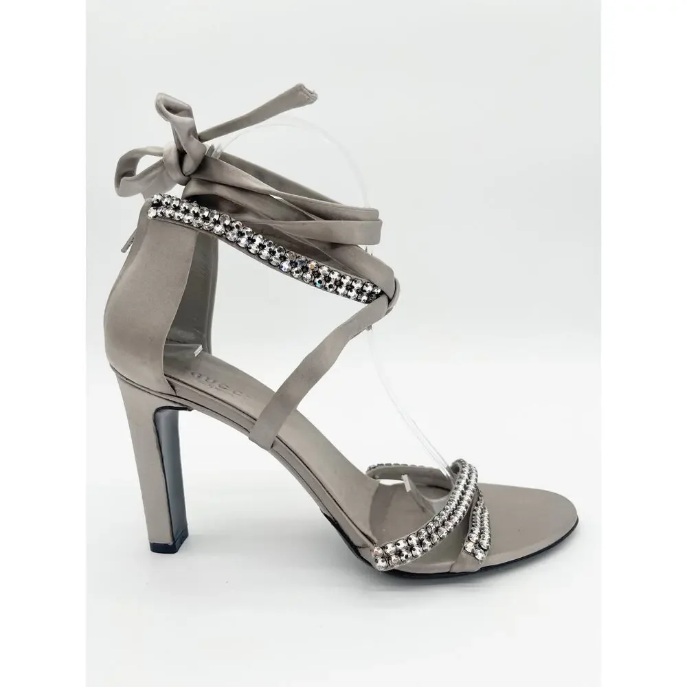Gucci 2004 Tom Ford Silver Silk Crystal Strap Ankle Wrap Tie Heels Sandals US 8